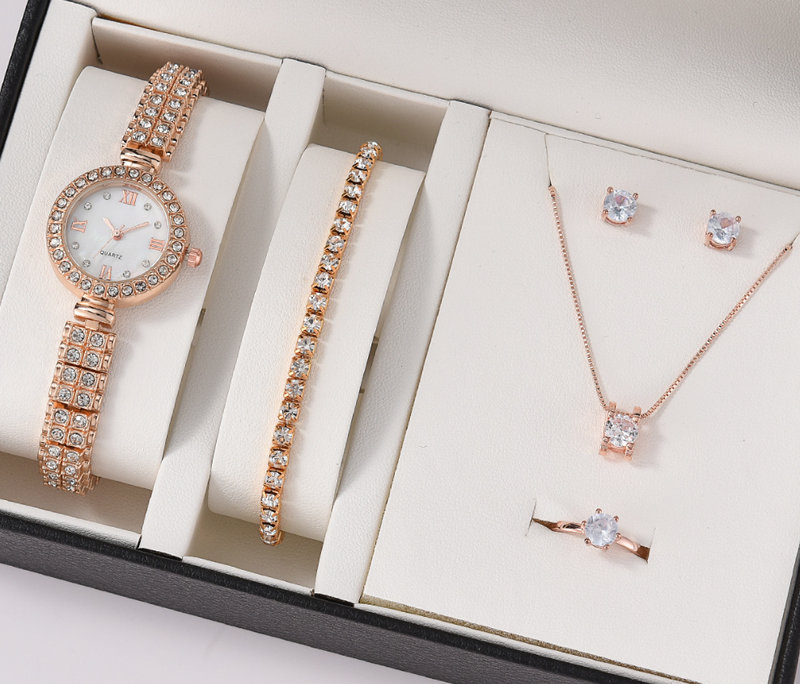 Geneva Elegance: Women's 5-Piece Watch & Jewelry Set