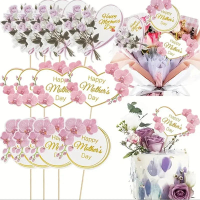 10pcs Mother's Day Cake Decoration Standees Placards Pink Heart Shapes Roses Party Cake Decorations Holiday Supplies