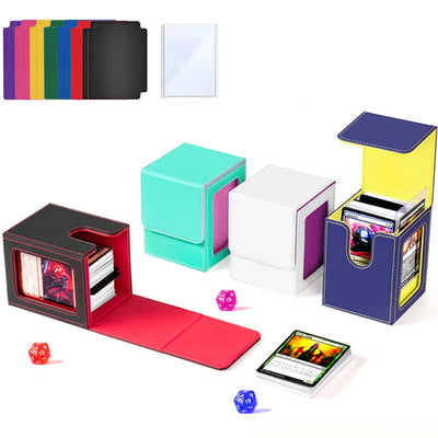 Card Deck Box with Display Window Trading Card Storage Box Fit 100 + Double Sleeved MTG Card Magnetic PU Leather Card Deck Case