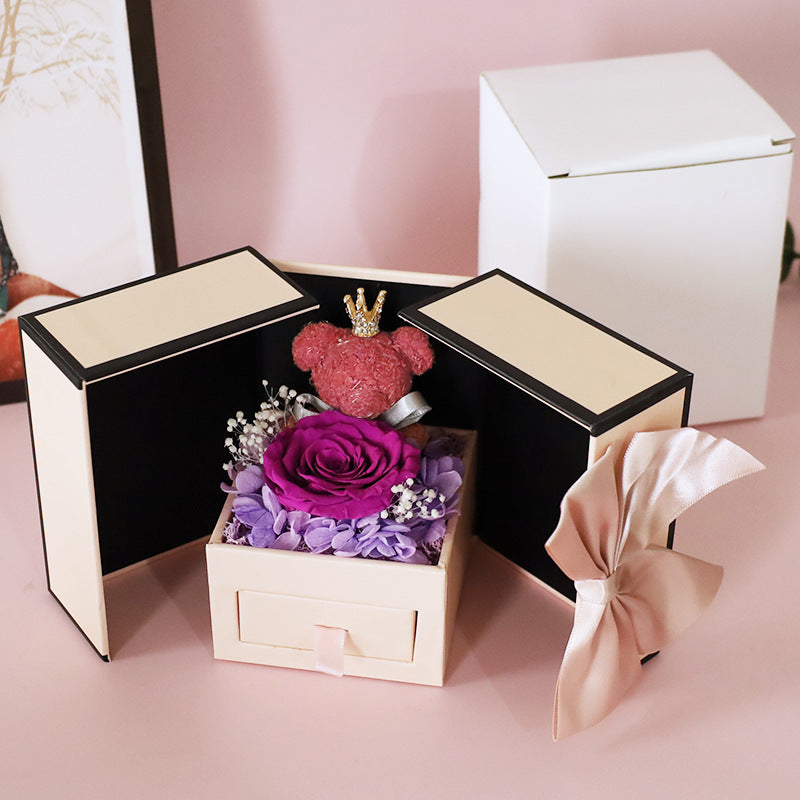 Mother's Day Gift Double Door Bear Rose Preserved Fresh Flower Jewelry Box